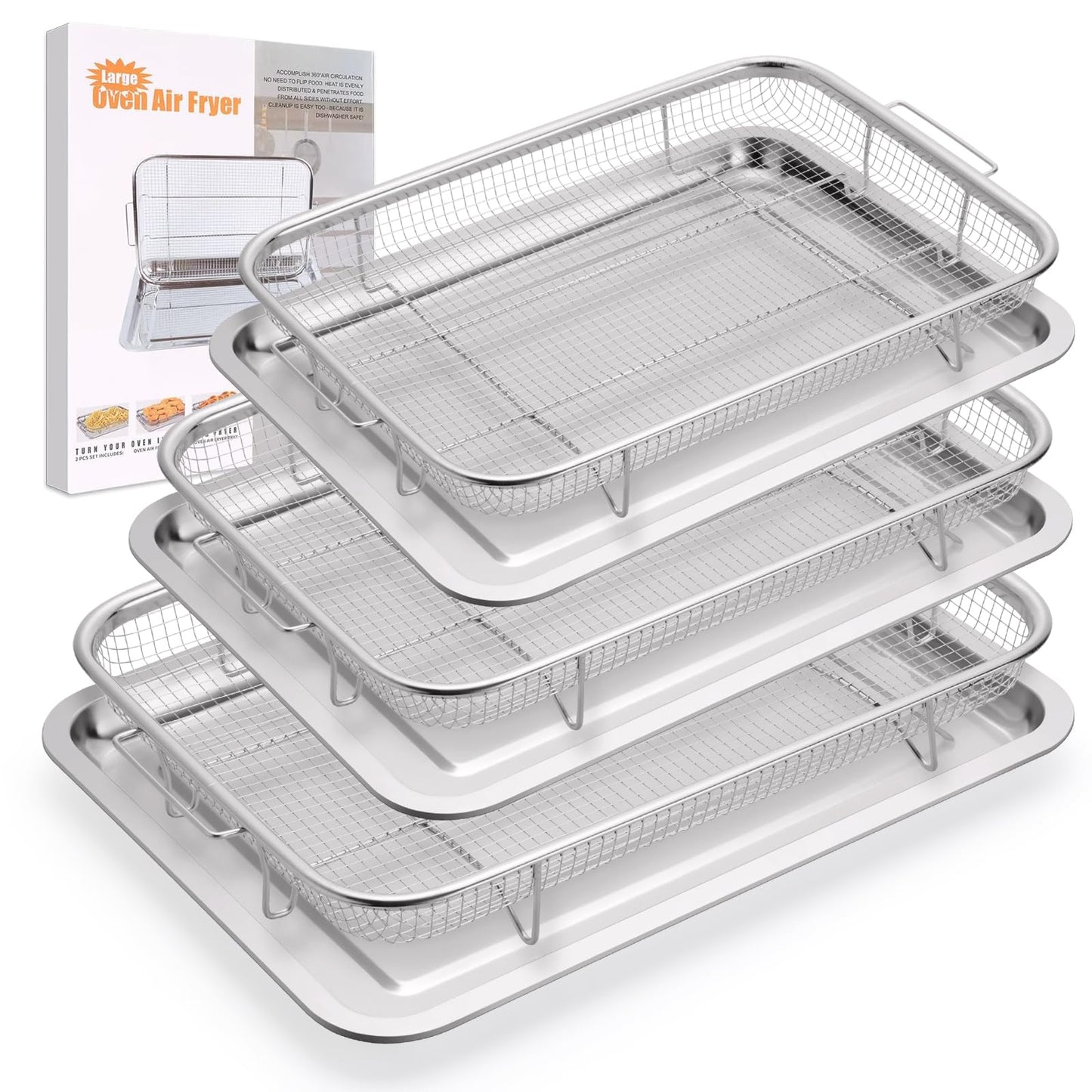 Air Fryer Basket for Oven 15.7"x11.8", 2-Pair Set Large Air Fryer Basket and Tray Stainless Steel Oven Air Fryer Accessories Pan Rack for Cooking Baking and Broiling