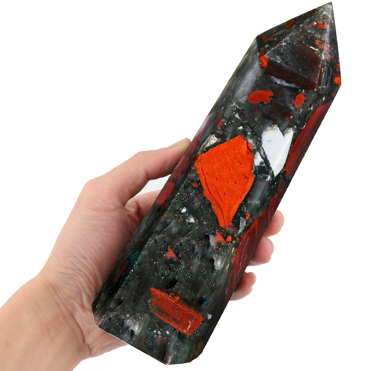FZBHRO Large Crystal Towers Africa Blood Stone 6 Faceted Quartz Point Obelisk Red Healing Crystal Wand 2.2-2.6 Pound