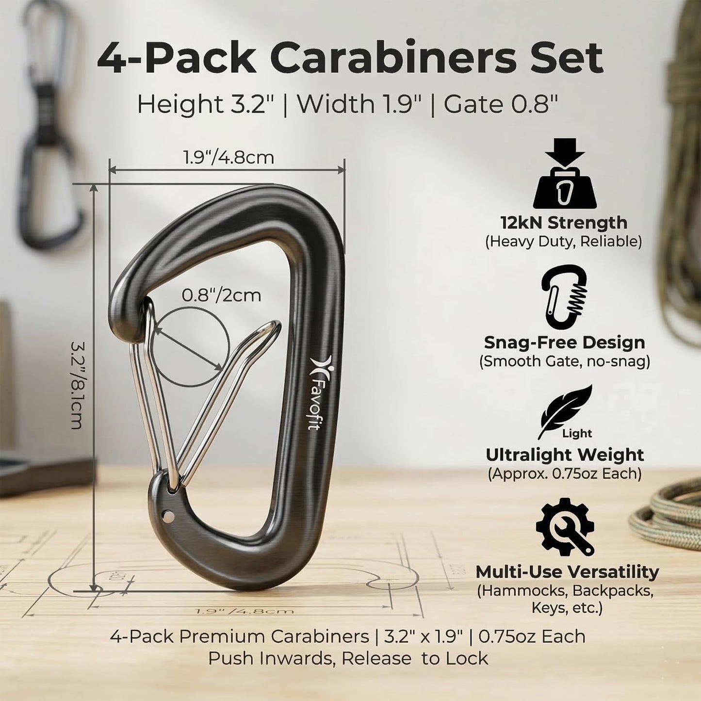 12kN Heavy Duty Carabiner Clips - Favofit 4-Pack 7075 Aluminum Small Carabiners with Snag-Free Wiregate - Lightweight D Ring Keychain Clip for Hammocks Camping Hiking Dog Leash