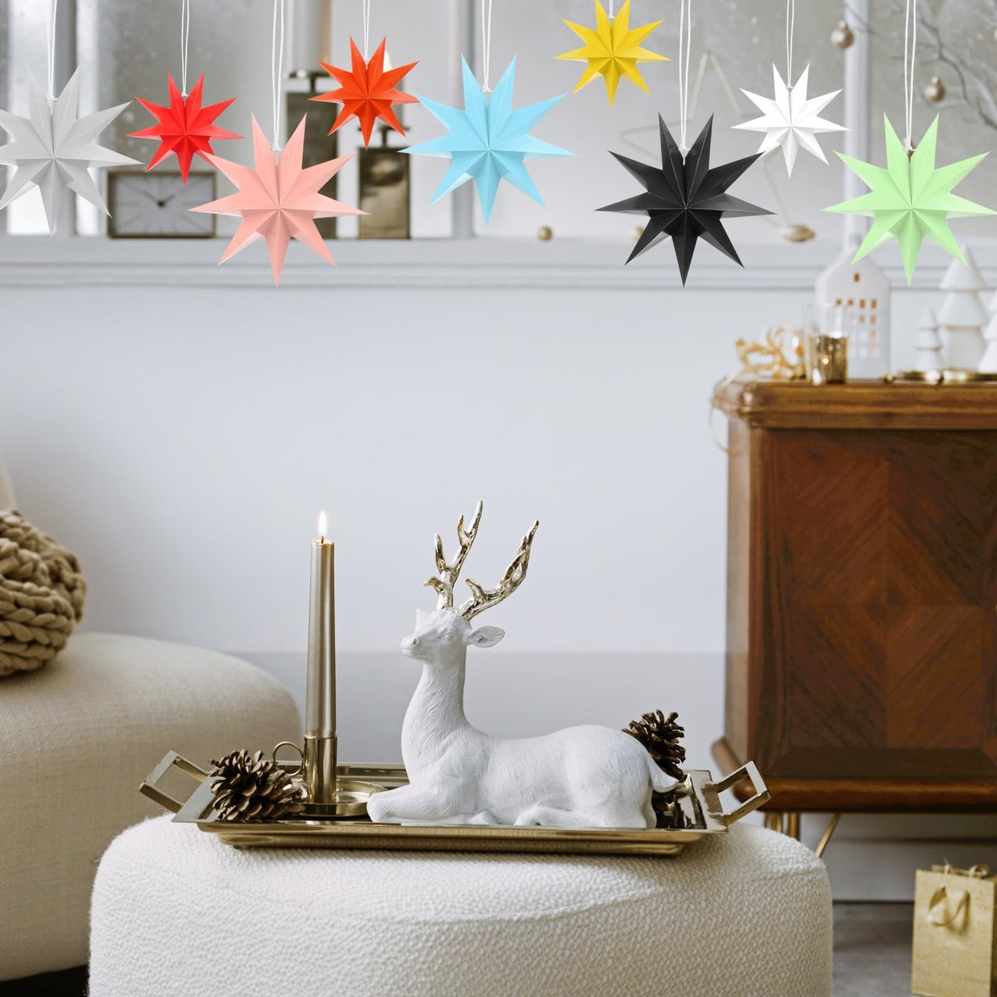 MECCANIXITY 5 Pcs Paper Star Lanterns 9-Pointed 12" Hanging Star Paper Lantern Hanging Lampshade for Christmas,Wedding,Graduation Party Supplies, Silver