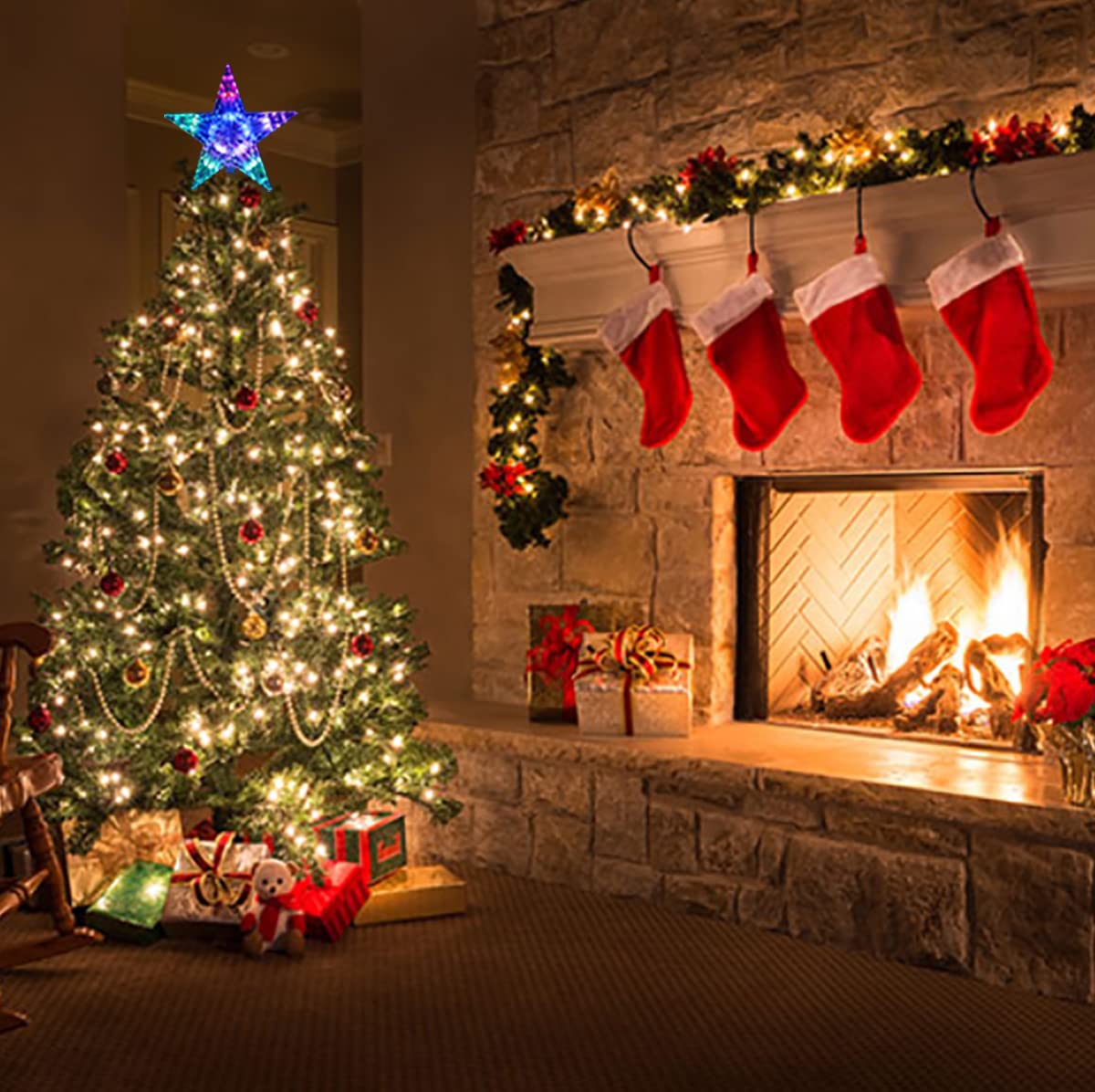 Brogrous Christmas Star Tree Topper Lights 9.5inch 10LED Multicolour with Versatile Remote Controller 3AA Battery Powered Tree-top Star for Xmas Tree Home Decoration（Indoor and Outdoor ）