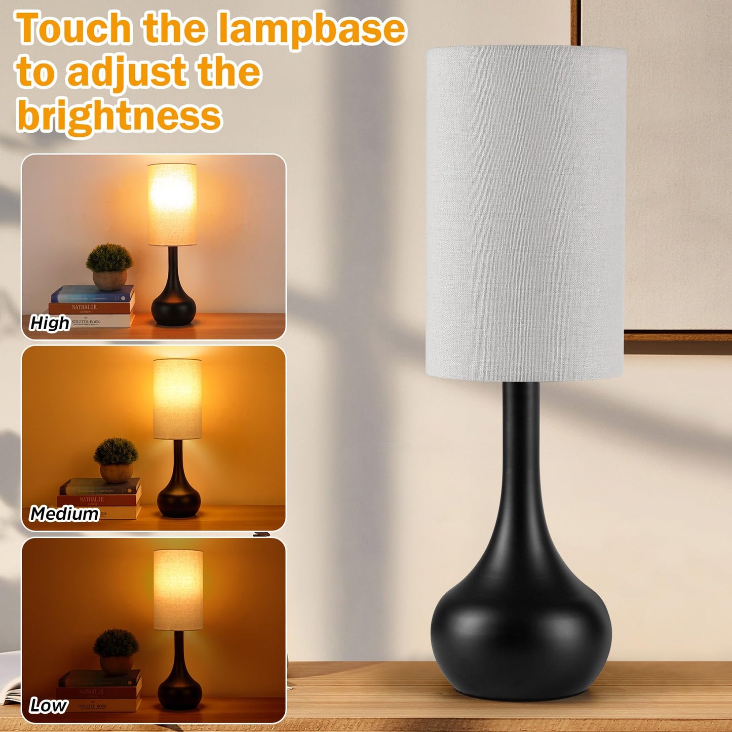 LEDIKON Touch Bedside Lamp for Nightstand,3-Way Dimmable,Space Saving & No Assembly Required, Upgraded Small Droplet Vintage Black Table Lamp for Bedroom, Living Room (2700K LED Bulb Included)