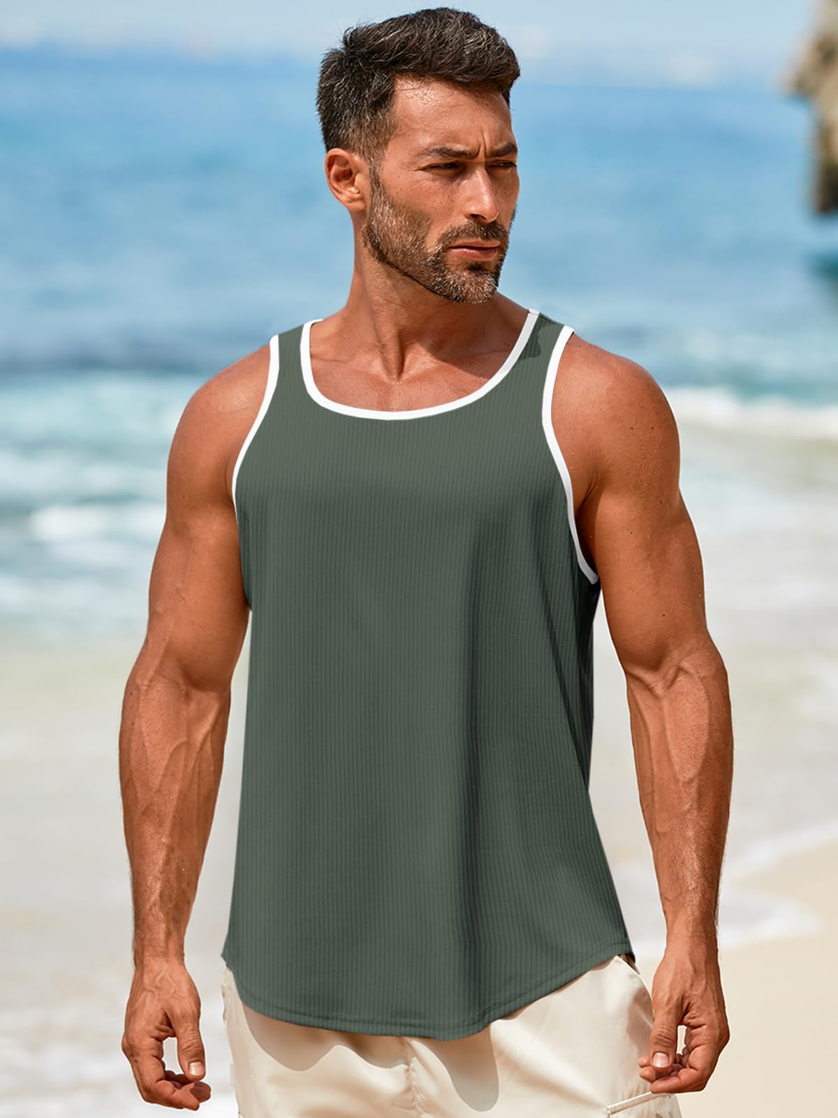 Runcati Mens Sleeveless Tank Tops Workout Muscle Gym Knitted Shirt Athletic Bodybuilding Slim Fit Ribbed T Shirts Army Green