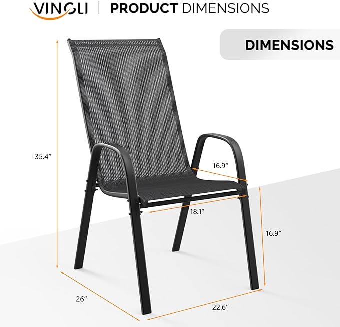 VINGLI Patio Chairs Set of 8 – Stackable Outdoor Dining Chairs with Comfortable Sling High Back Chairs and Armrests for Lawn, Poolside, Courtyard, Balcony, Garden, Black