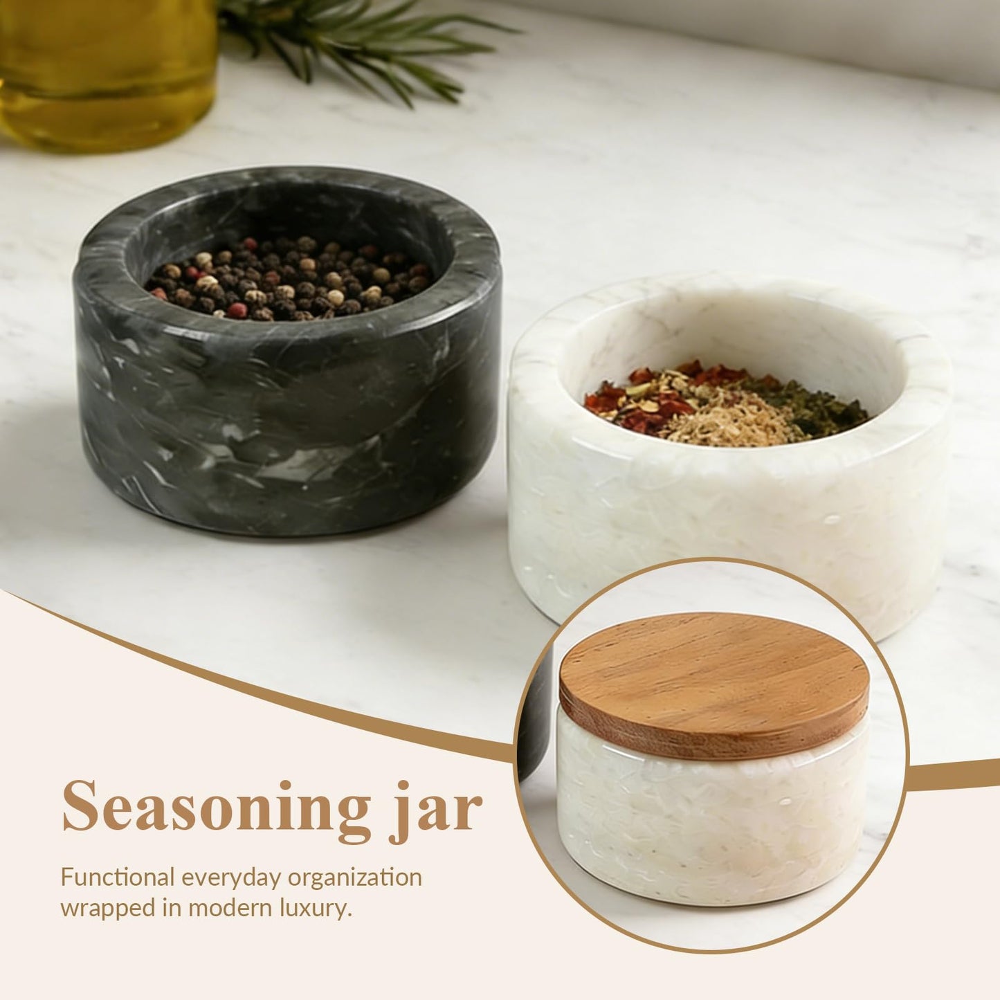 ZJSYTQS Marble Salt and Pepper Bowls,2Pcs Handcrafted Solid Marble Salt and Pepper shakers with Lids and Spoons, Stackable Spice Containers for Kitchen Counter Decor