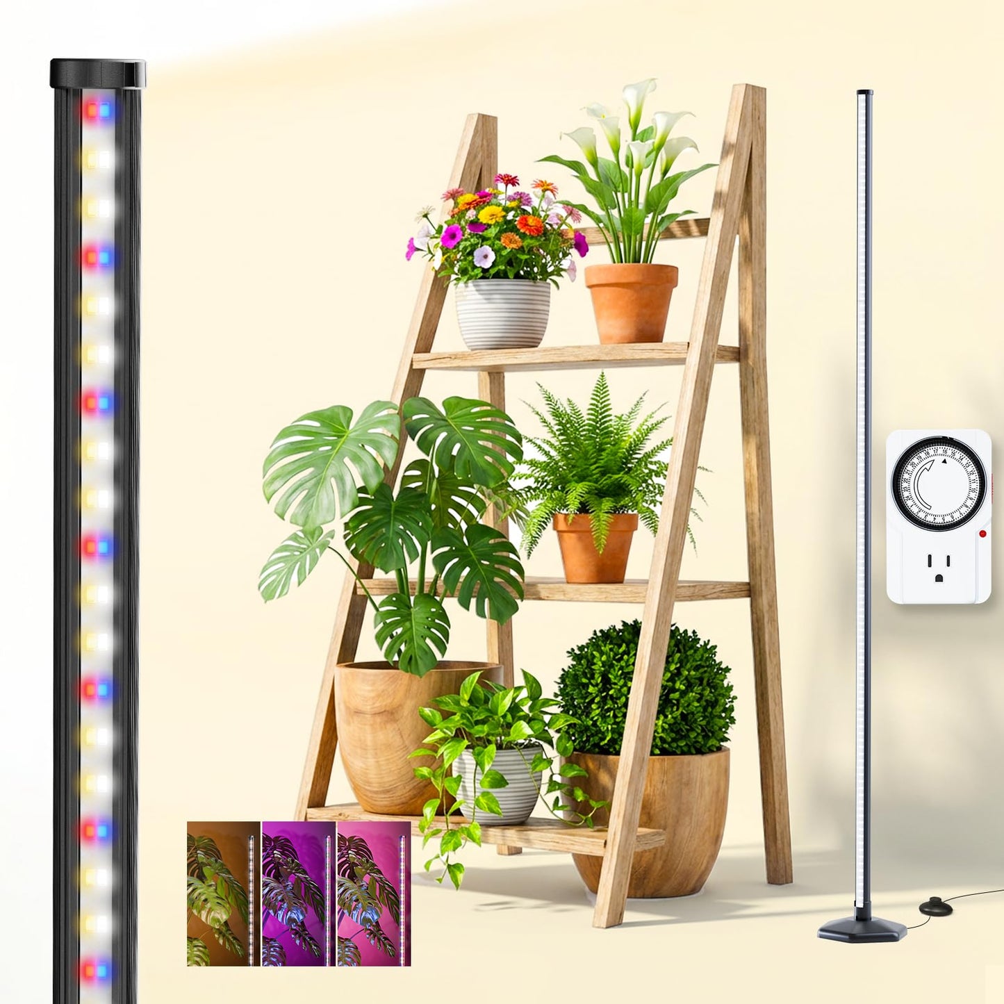 CCACC Standing Grow Light with Timer, 192 LEDs, 65 Inch Full Spectrum Vertical Plant Lamp Bar for Indoor, 3 Light Modes, 10 Level Dimmable Floor Grow Light, Mimic Sunlight to Tall Plants & Flowering
