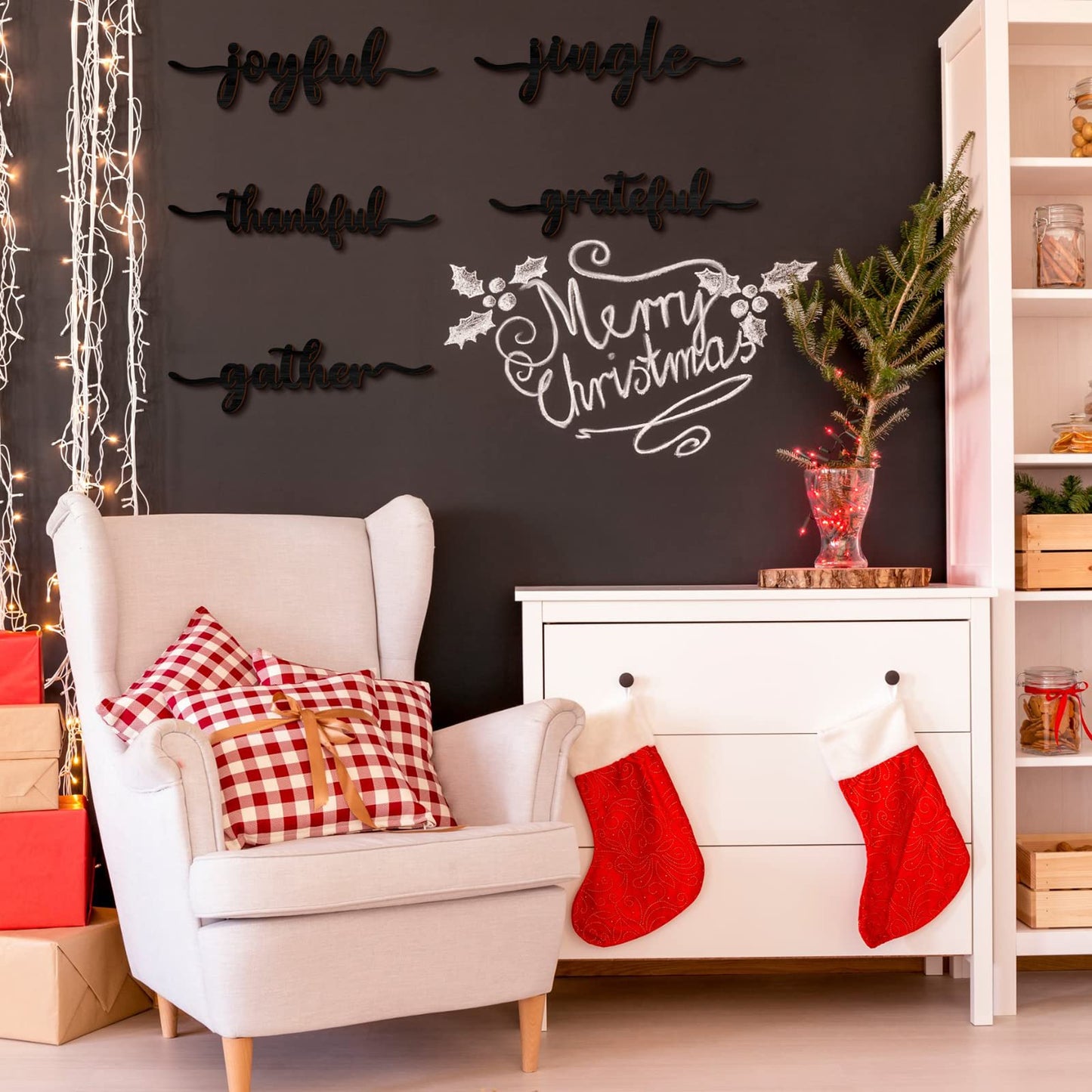 12 Pieces Christmas Word Wood Cutout Joyful Merry Thankful Grateful Blessed Peace Gather Word Sign Christmas Plate Cutout Rustic Merry Signs for Home Table Plate Decoration