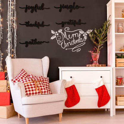 12 Pieces Christmas Word Wood Cutout Joyful Merry Thankful Grateful Blessed Peace Gather Word Sign Christmas Plate Cutout Rustic Merry Signs for Home Table Plate Decoration