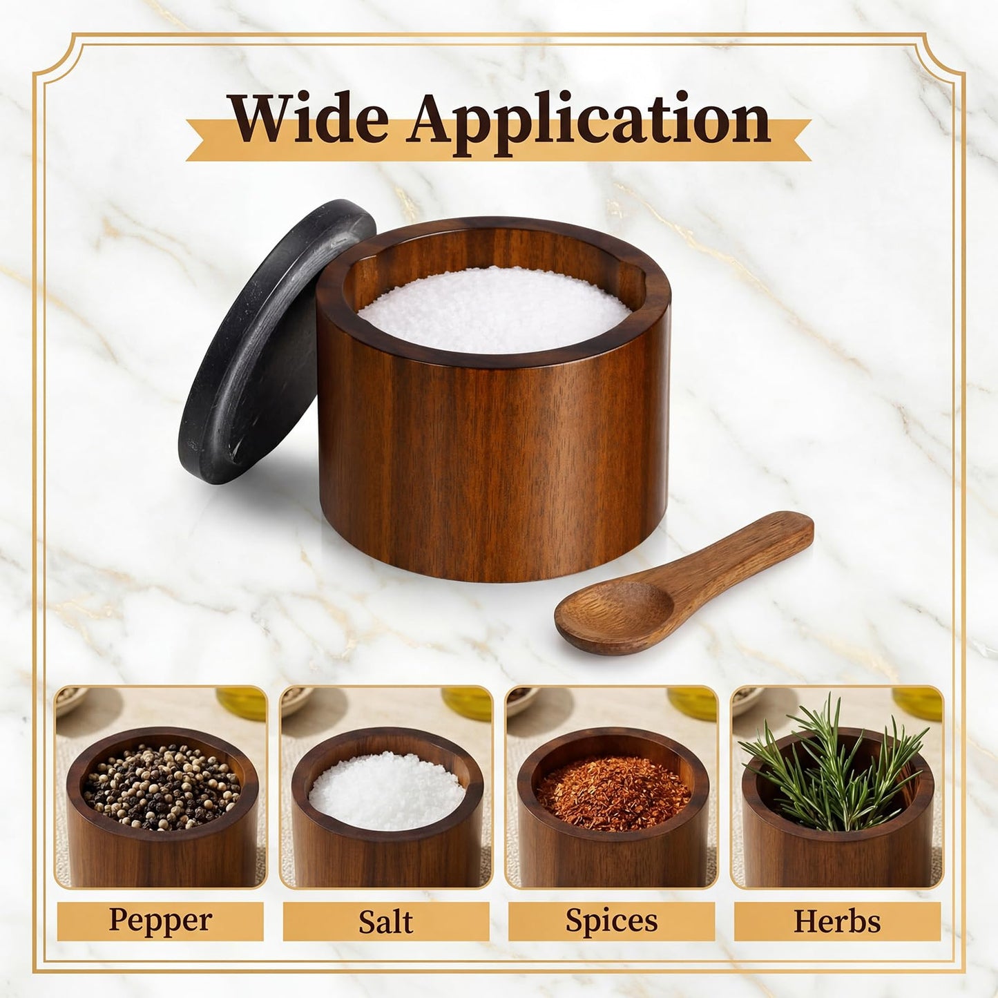 Singhoow 2 Pcs Acacia Wood Salt Cellar with Marble Lid Salt and Pepper with Spoon Natural Acacia Spice Container Decorative White Black Marble Cover for Kitchen Counter