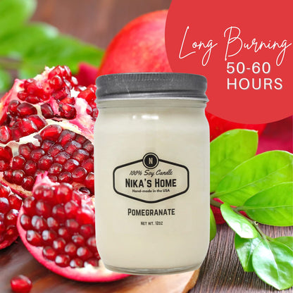 Nika's Home Pomegranate Soy Candle 12oz Mason Jar Non-Toxic White Soy Handmade Long Burning 50-60 Hours Highly Scented All Natural Candles Clean Burning Large Candle Gift Décor