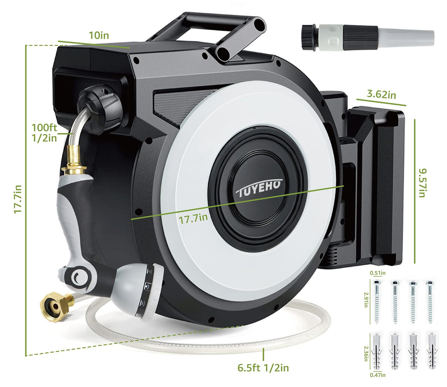 Tuyeho Retractable Garden Hose Reel 100FT, Wall Mount Heavy Duty Water Hose Reels with Automatic Slow Rewind System, Outdoor Hoses Reel with 2 Hose Nozzles for Garden Watering, Car Wash, Pet Shower