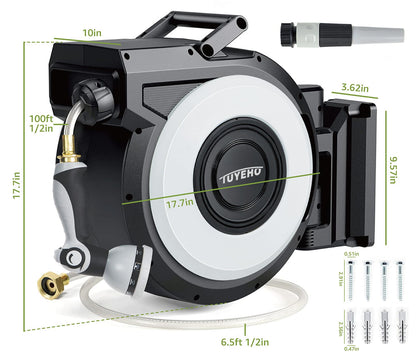 Tuyeho Retractable Garden Hose Reel 100FT, Wall Mount Heavy Duty Water Hose Reels with Automatic Slow Rewind System, Outdoor Hoses Reel with 2 Hose Nozzles for Garden Watering, Car Wash, Pet Shower