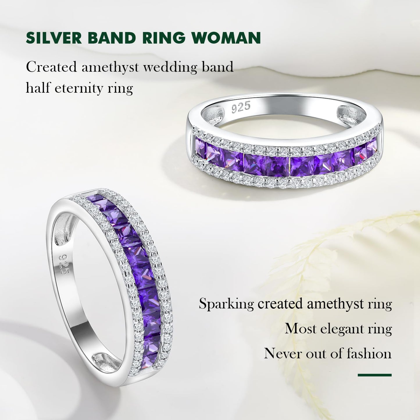 RANDES Amethyst Rings for Women Eternity Band 925 Sterling Silver Channel Set Princess Cut February Birthstone Ring Size 6