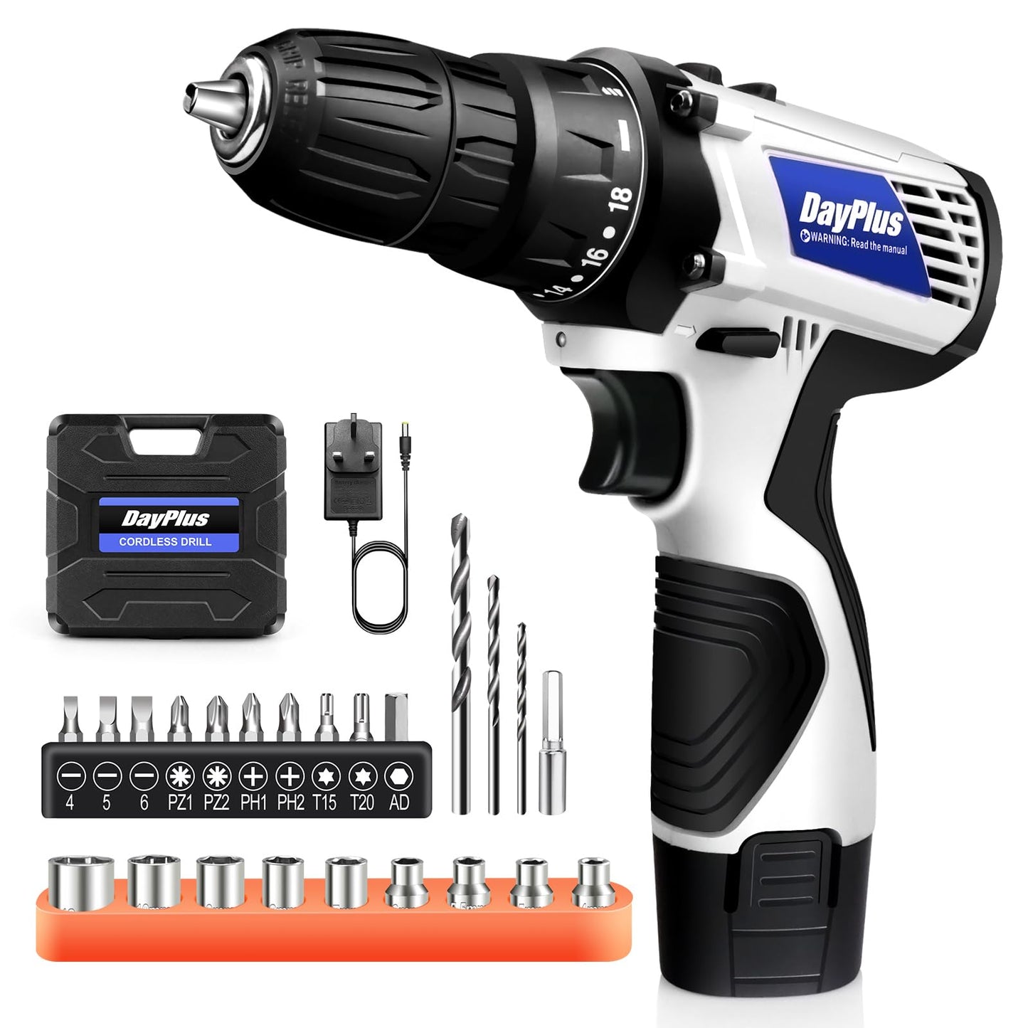 Mini Cordless Drill Driver Kit w/One Battery, 12V Electric Screwdriver Driver Tool Kit with LED Work Light, Max Torque 45 N.m, 3/8 Inch Keyless Chuck, 18+1 Position, Dual Speed 0-400/1400rpm