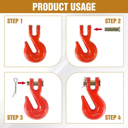 1/4" Clevis Grab Hooks 4 Pack – Heavy Duty G70 Hooks for 1/4" Chain, Red Powder Coated Forged Steel, for Truck, Trailer, Flatbed, Tow, Farm Use – 3,600 lbs WLL