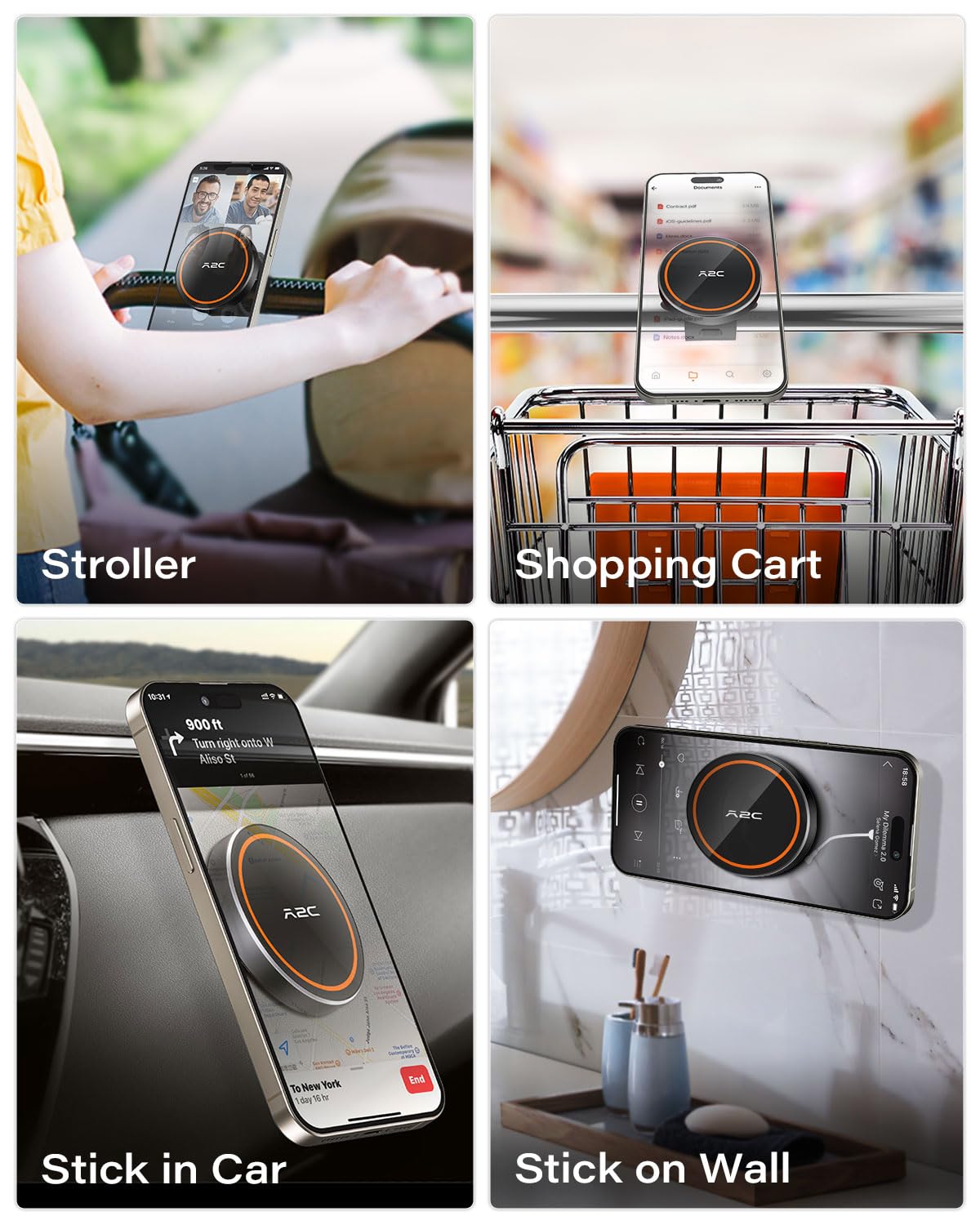 A2C Stroller Phone Holder Compatible with MagSafe - Peloton Phone Mount with 17 N54 Strong Magnets Adjustable Silicone Strap for Fitness Gym Equipment, Peloton Exercise Bike, Shopping Cart, Golf Cart