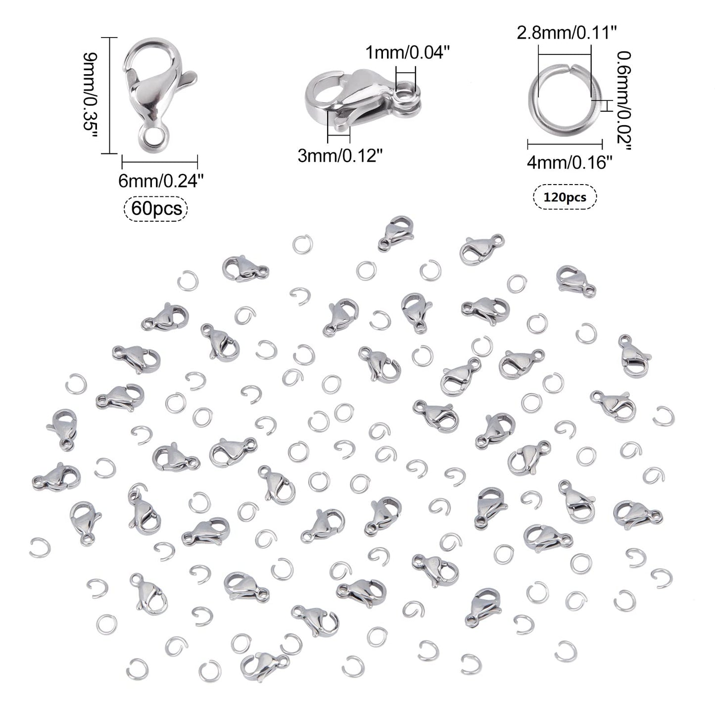 PH PandaHall 60pcs 304 Stainless Steel Lobster Clasps with 120pcs 4mm Open Jump Rings Jewelry Clasp Connector Bracelet Clips Closures for Earring Bracelet Necklace Pendants Waist Chain DIY Craft