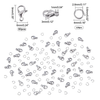 PH PandaHall 60pcs 304 Stainless Steel Lobster Clasps with 120pcs 4mm Open Jump Rings Jewelry Clasp Connector Bracelet Clips Closures for Earring Bracelet Necklace Pendants Waist Chain DIY Craft