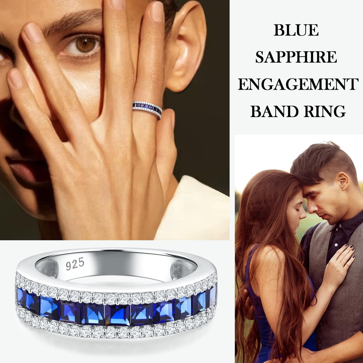 RANDES Blue Sapphire Eternity Ring Bands for Women Men 925 Sterling Silver Princess Cut Engagement Ring Anniversary Band Size 9.5