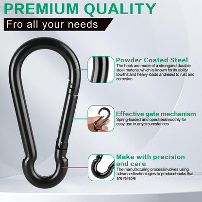 2 Pack Black Carbon Steel Carabiner Clip, 4 inch Heavy Duty Spring Snap Hook, Carabiner Clips for Outdoor Camping, Swing, Hammock, Fishing, Weight Lifting Machine