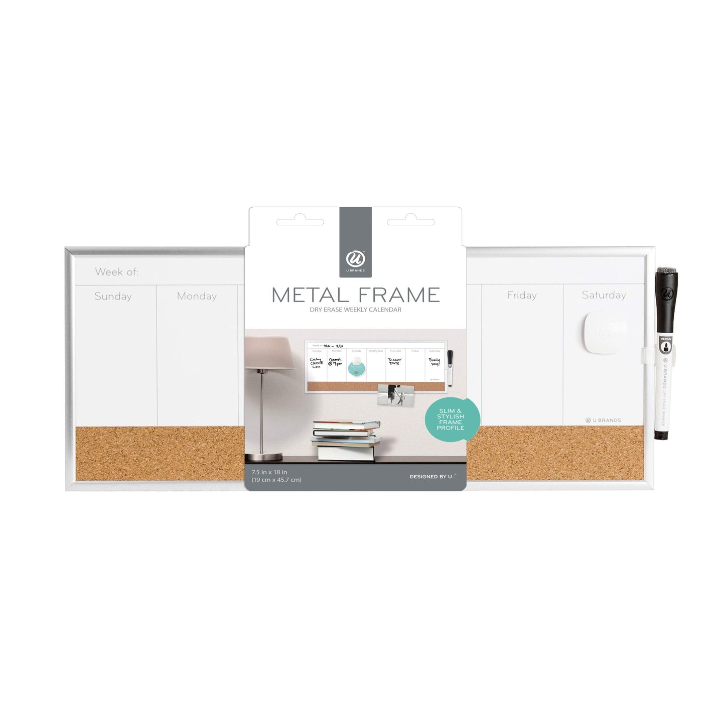 U Brands Magnetic Dry Erase Weekly Calendar Board With Cork Strip, 18"x7.5", Silver Aluminum Frame, Includes Magnet, Marker