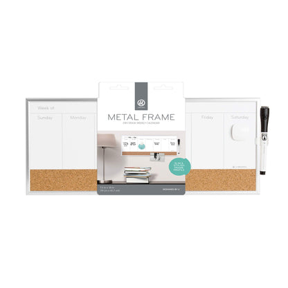 U Brands Magnetic Dry Erase Weekly Calendar Board With Cork Strip, 18"x7.5", Silver Aluminum Frame, Includes Magnet, Marker