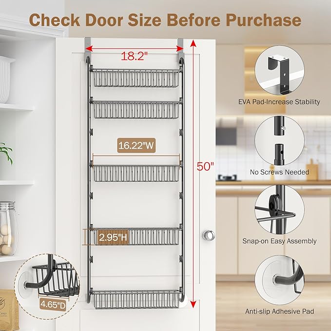 Delamu Over The Door Pantry Organizer, 5-Tier Pantry Door Organizers and Storage