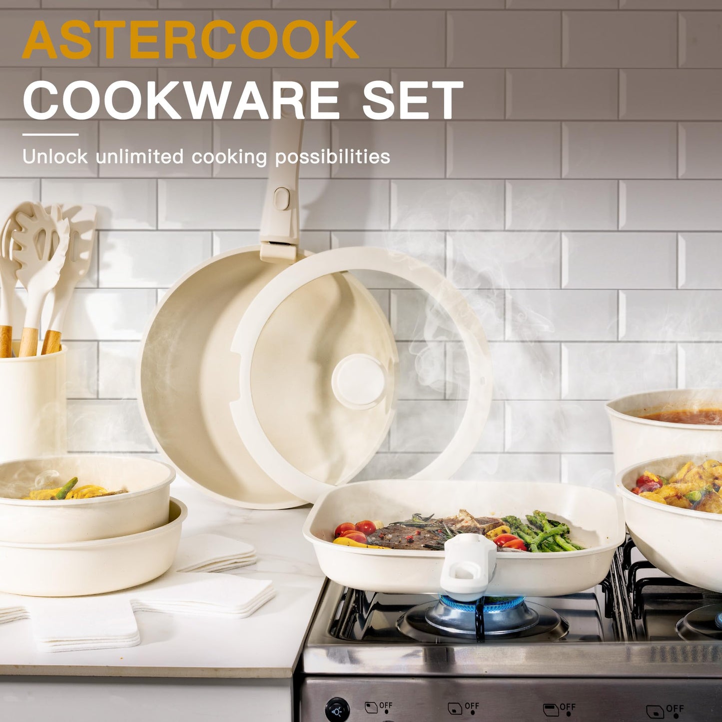Astercook 23 Pcs Pots and Pans Set Non Stick, Ceramic Cookware Set Detachable Handle, RV Kitchen Cooking Set Removable Handles, Oven Safe, Induction Ready, Stackable, Cream, Fathers Day Gift for Men