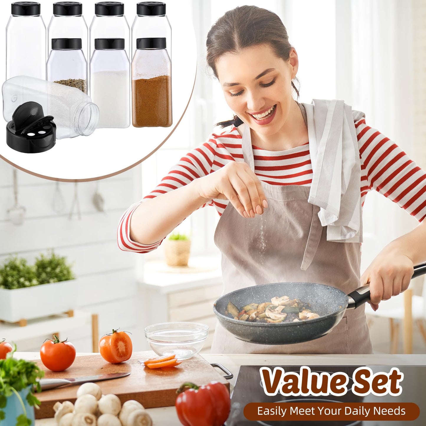 Mifoci 28 Pack 16 oz Plastic Spice Jars with Cap Square Plastic Bottle Containers with Shaker Lids and Stickers Large Seasoning Shaker Empty Powder Storage Container for Storing Salt Herbs (Black)
