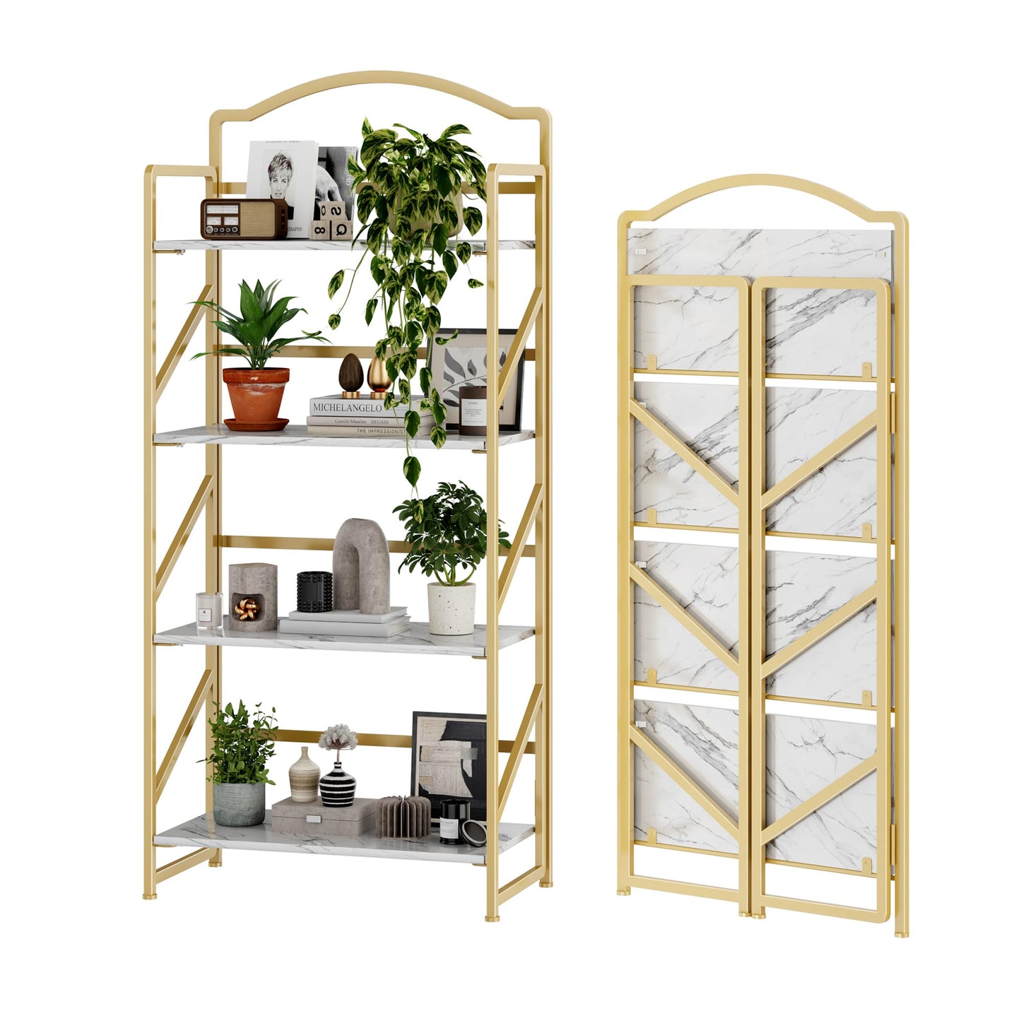 BHG No Assembly Folding Bookshelf for Living Room,Semicircle Collapsible Book Shelf for Home Office, Portable Bookcase Storage Organizer Rack Shelves