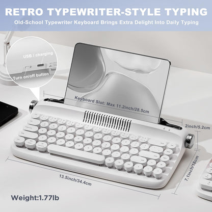 YUNZII Upgraded Wireless Typewriter Keyboard,with Retro Integrated Stand,USB-C/Bluetooth,Cute Round Keycaps, USB-C/Bluetooth Connection for Table, Phone, PC and Win/Mac/Android (B309, Baby Pink)