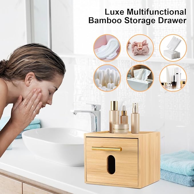 Face Towels Holder with 60 XL Towels, Disposable Towelettes Bamboo Box Cotton