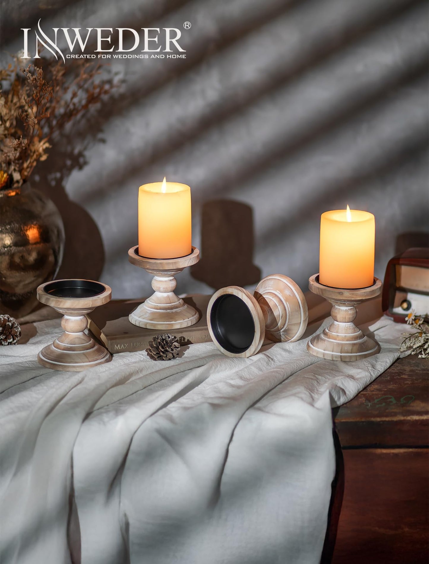 Inweder Wood Pillar Candle Holder: 2Pcs Rustic White Candle Holders for Pillar Candles Wood Candle Holders Distressed Wooden Farmhouse Candle Holder Large Rustic Candle Holder for Fireplace Table