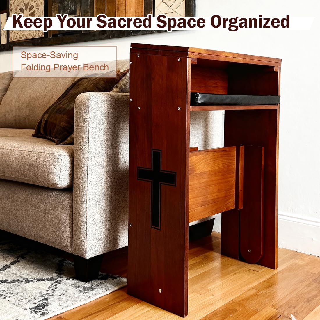DOLEMODUO Wooden Prayer Kneeler with Storage Shelf & Cushion - Folding Prayer Bench for Home and Church, Comfortable Kneeling Devotional Pew Bench, 32" H x 22" W