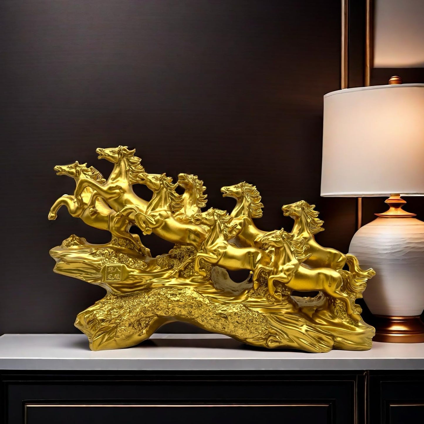 FUNSXBUG Chinese Feng Shui Horses Statue Sculpture - Resin Running Horse Figurines Home Office Decoration Tabletop Decor Ornaments for Wealth and Success Good Lucky Gifts Gold