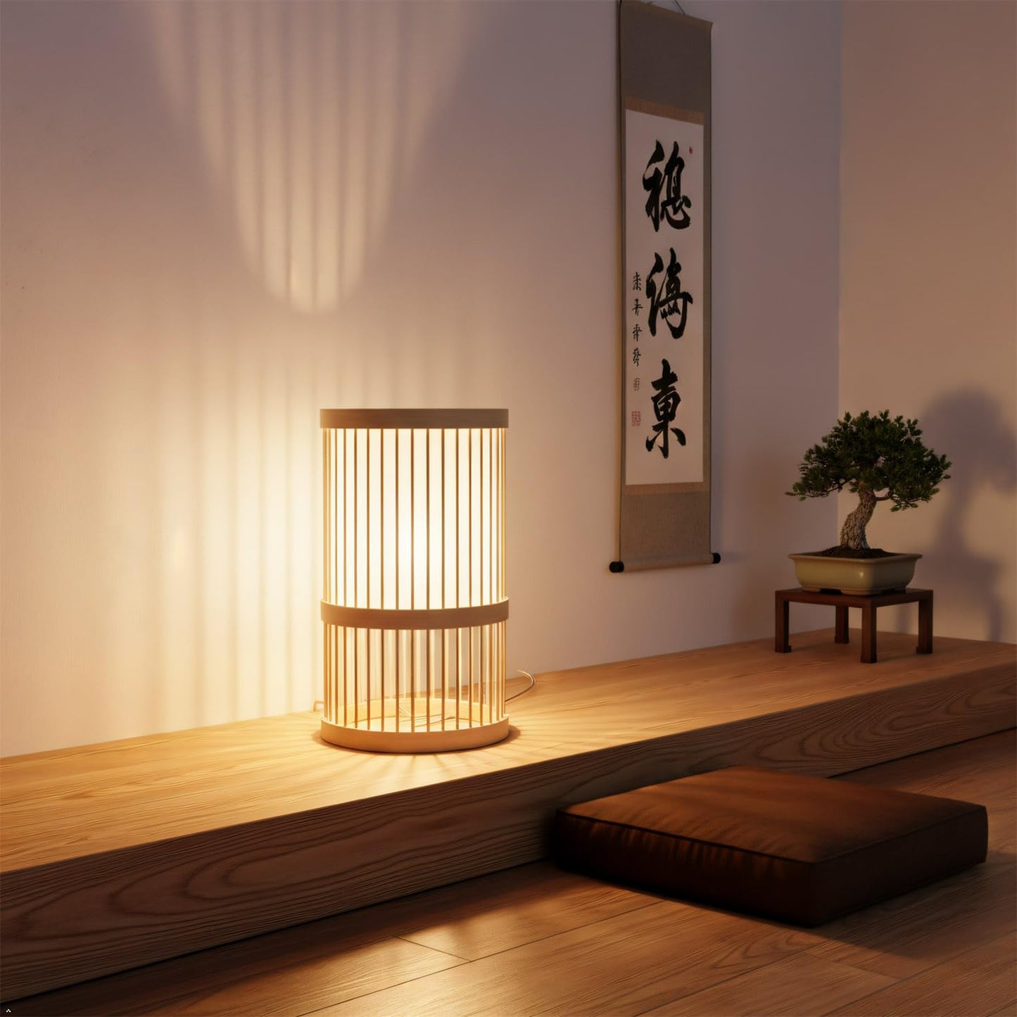 AFORTLO Table Desk Lamp,Bamboo Boho Decorative Nightstand Night Light Japanese Hollow-Out Lamp Home Decor for Bedroom,Living Room,End Table or Office with Bulb