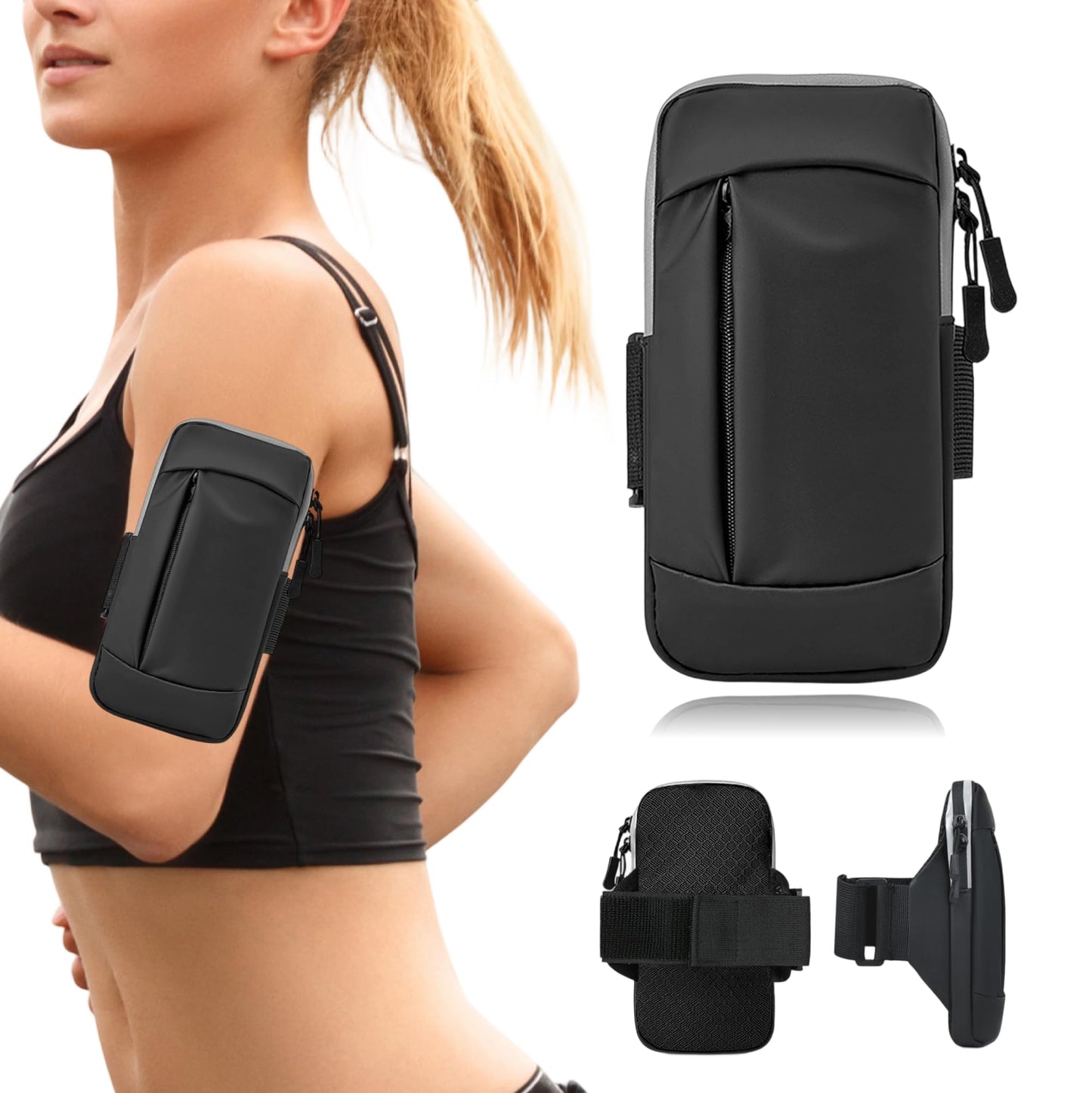 Running Armband, Adjustable Sports Band for Jogging, iPhone Workout Armband, Cell Pouch for Exercise Men Women (Leather Style in Black)