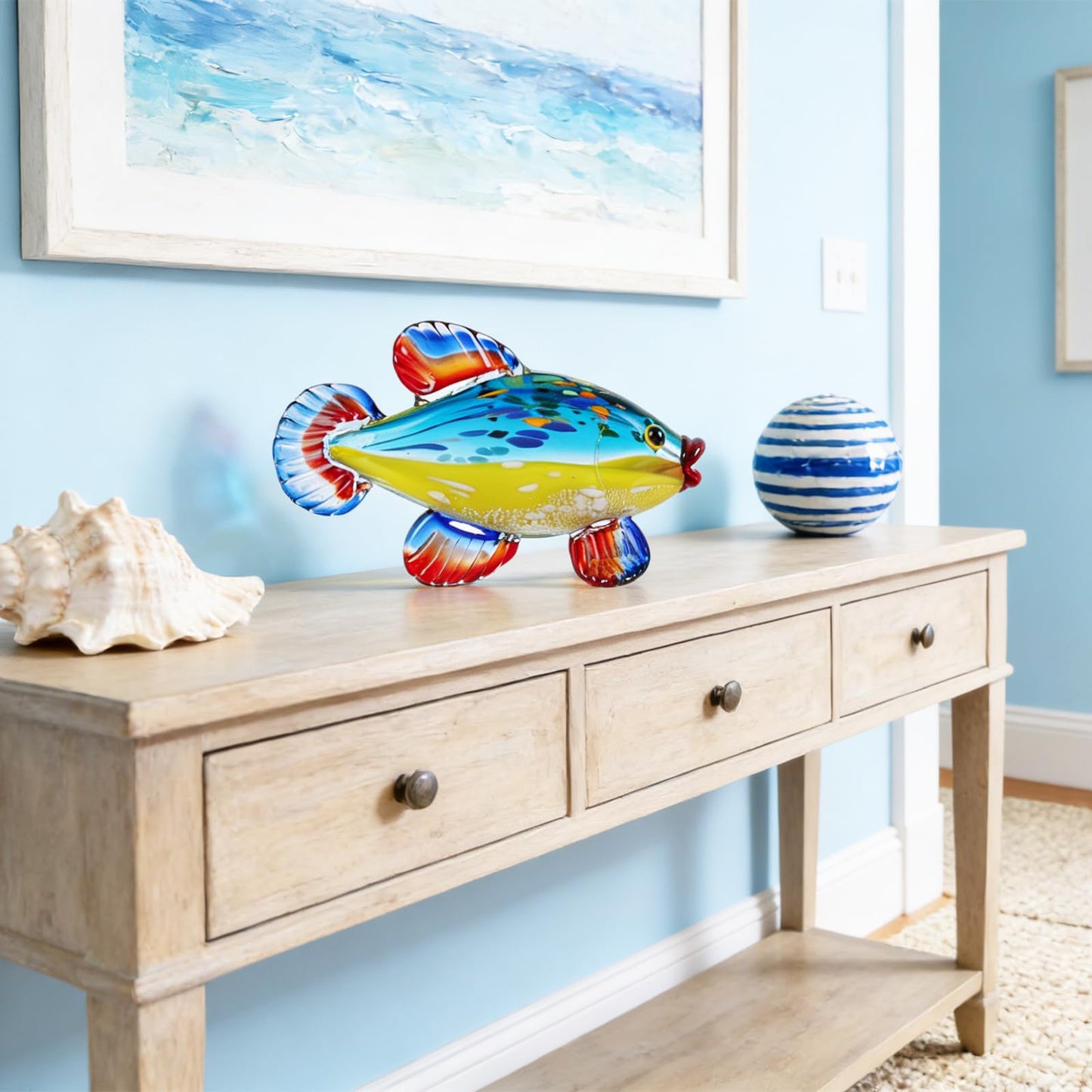 suruim Hand Blown Glass Fish Sculpture, Glass Fish Decor Figurine for Home Decor, Decorative Art Glass Animal Statue for Shelf, Tabletop or Mantel Display, Sea Life Accent (Blue)
