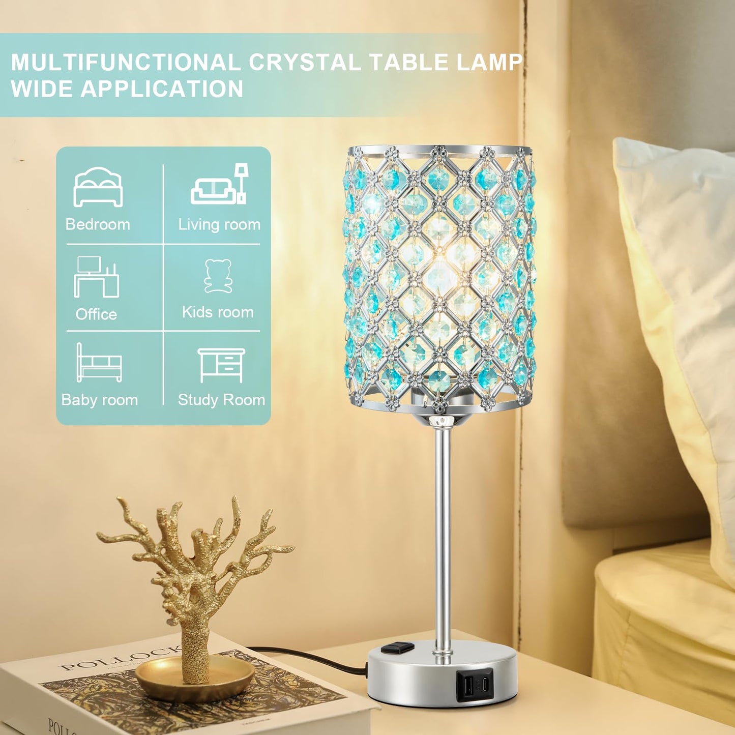 Hong-in Blue Lamps for Night Stands-Crystal Table Lamp with USB-C+A & AC Charging Ports, 3-Way Dimmable Nightstand Touch Lamp, Bedside Desk lamp for Bedroom Living Room Home Office