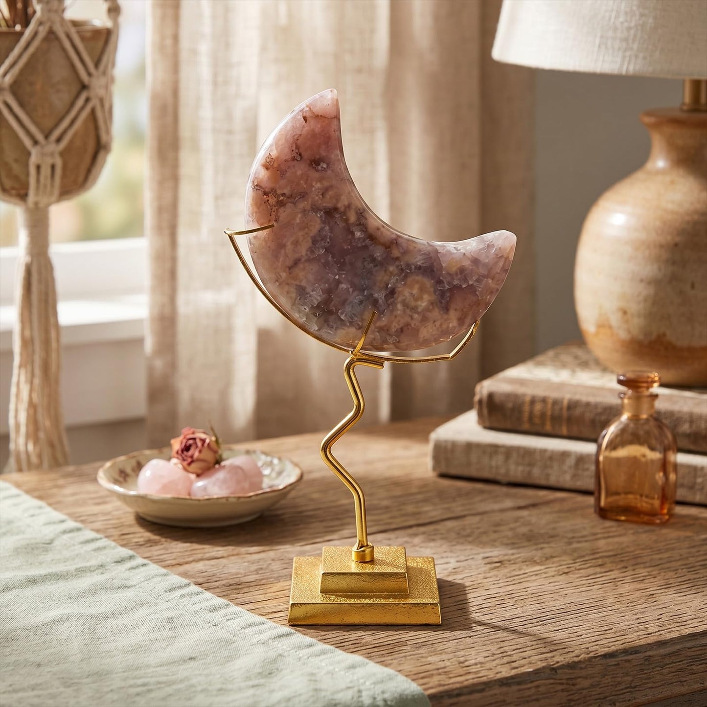 BrightRow 2 Pcs Moon Crystal Holder Rock Display Stand Crystal Display Gemstones Holder Metal Rock Stand with Base for Gemstones Mini Balls Geodes Mineral Agate Home Decor (4.9 x 2 Inch,Gold)