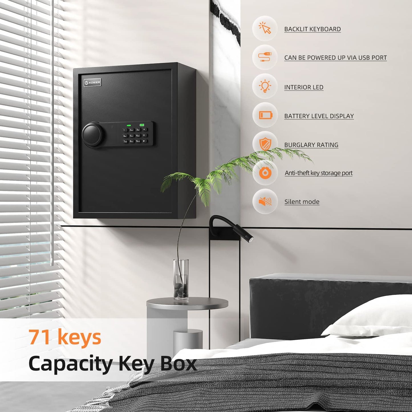 XDeer 71-Key Safe Wall Mount with Advanced Anti-Theft & LED Light, Key Cabinet with Combo & Key Lock for Hotels, Offices & Car Dealerships 1PCS