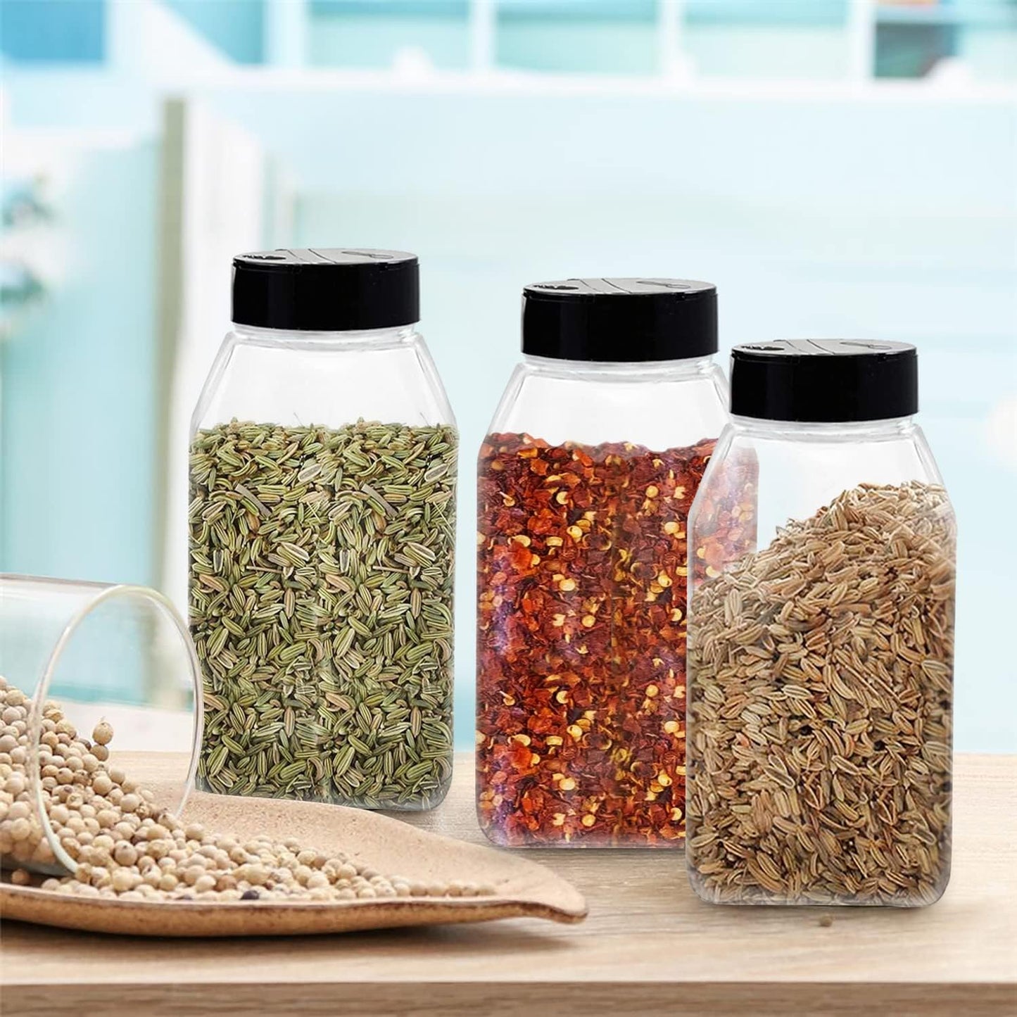 ROYALHOUSE 6 PACK 32 Oz with Black Cap, Plastic Spice Jars Bottles Containers, Perfect for Storing Spice, Herbs and Powders, Lined Cap, Safe Plastic, PET, BPA free, Made in the USA
