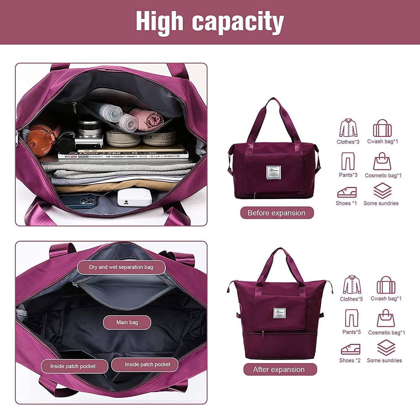 Large Capacity Folding Travel Bag - Lightweight Waterproof Carry On Luggage with Fixed Strap, Dry & Wet Separation - Foldable Travel Duffel for Sports & Gym (Wine Red)