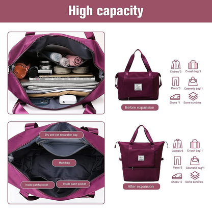 Large Capacity Folding Travel Bag - Lightweight Waterproof Carry On Luggage with Fixed Strap, Dry & Wet Separation - Foldable Travel Duffel for Sports & Gym (Wine Red)
