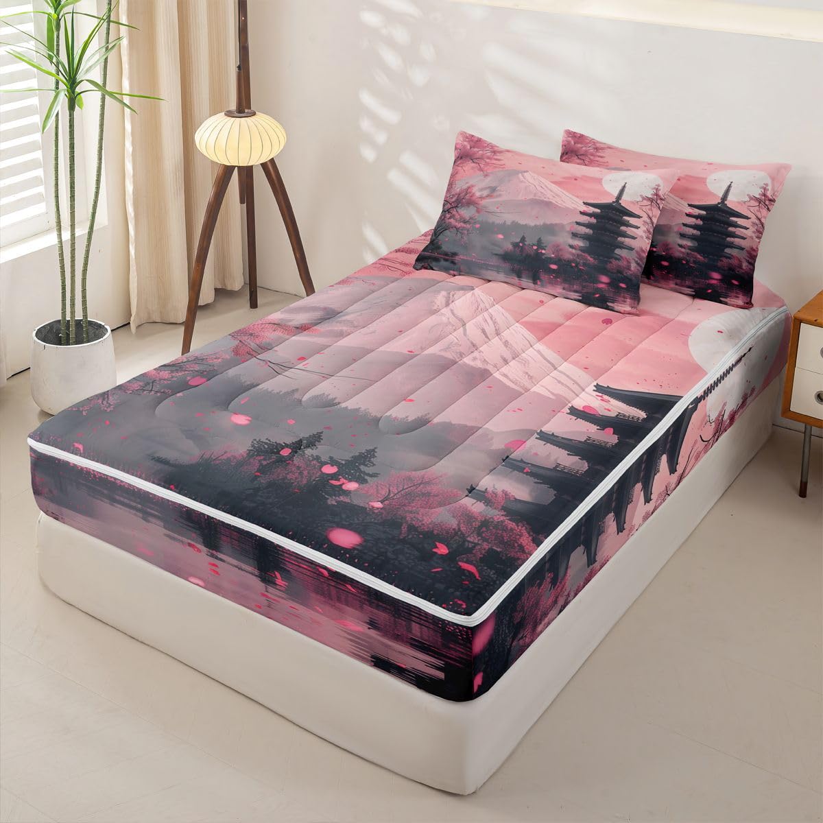 Erosebridal Pink Japanese Kids Comforter Set Full Cherry Blossom Zipper Bedding Sets for Boys Girls Teen Mount Fuji Sunset 3 Pcs Bed in a Bag Set Vintage Japanese Art Zip Up Bedding