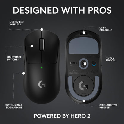 Logitech G PRO X SUPERLIGHT 2 Wireless Gaming Mouse, 60g Pro-Grade with 5 Programmable Buttons, 44k DPI Sensor, 8kHz Report Rate, USB-C Charging for PC/Mac - Black