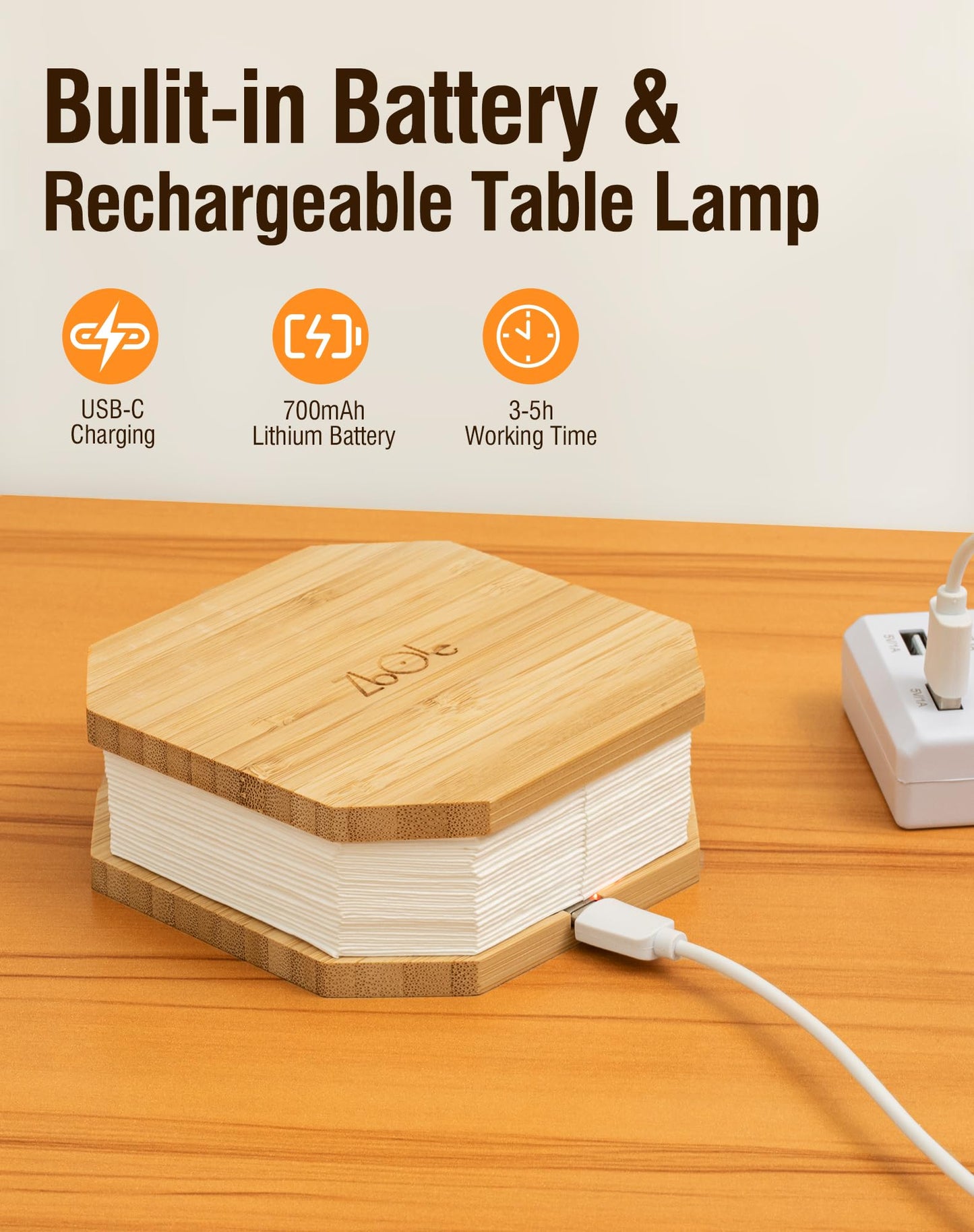 ZBOLE Originality Folding Accordion Lamp, Warm Light Lamp, Portable Desk Lamp, Japanese Gifts, Creative LED Paper Lantern with USB for Home Decoration(Bamboo)