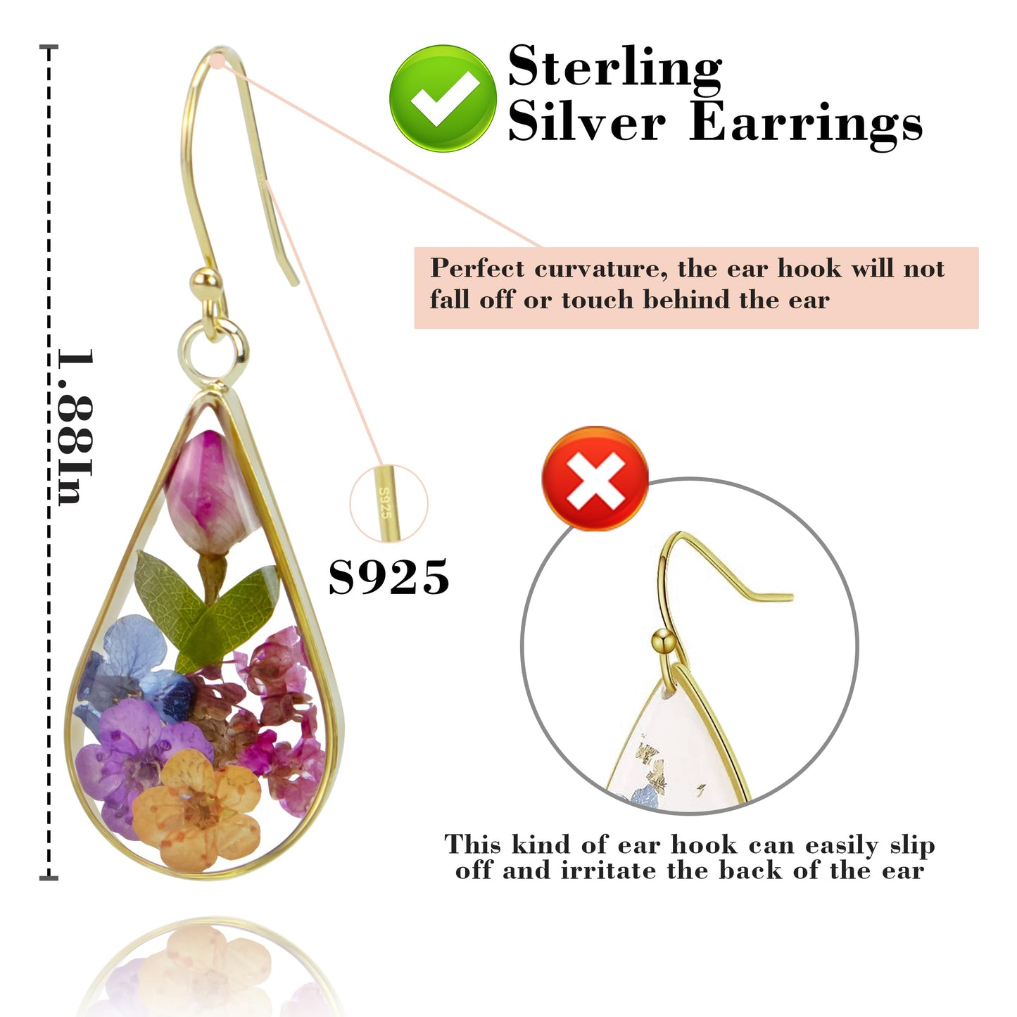 925 Sterling Silver Pressed Flower Teardrop Earrings,Hypoallergenic Women's Jewelry Gift for Mom,Handmade natural dried flower teardrop earrings Jewelry Gift (Forget-me-not silver)