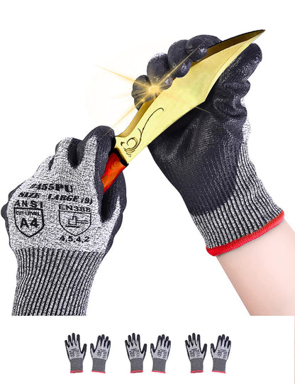 Donfri Cut Resistant Gloves High Performance Level 5 Protection Safety Work Gloves for Men Comfortable PU Coated Palm Cut Proof Gloves Gardening Food Grade Non-slip Machine Washable (L,3)