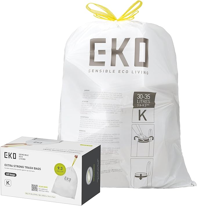 EKO 9.3 Gallon / 30–35 Liter Drawstring Trash Bags, Extra-Strong Leak-Resistant